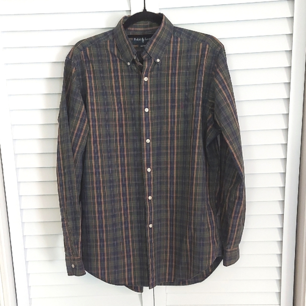 Ralph Lauren Shirt, Size M Buttondown Plaid, Green, Tan